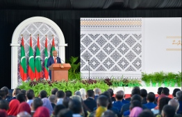 President Ibrahim Mohamed Solih gives his address at the National Day commemoration ceremony held October 28, 2019, at Dharubaaruge. PHOTO: HUSSAIN WAHEED / MIHAARU