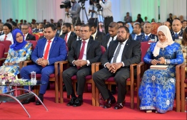 R-L: Transport Minister Aishath Nahula, Jumhooree Party leader and Maamigili MP Qasim Ibrahim, Speaker of Parliament and former President Mohamed Nasheed, and Vice President Faisal Naseem at the National Day commemoration ceremony held October 28, 2019, at Dharubaaruge. PHOTO: HUSSAIN WAHEED / MIHAARU