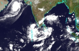 A large storm system formed between Sri Lanka and Maldives. Cyclone Kyarr is seen nearing Oman in this satellite image from October 29. PHOTO: MALDIVES METEOROLOGICAL SERVICE
