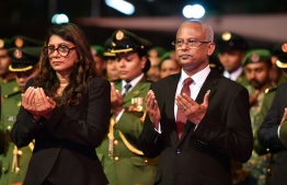 (FILE) President Ibrahim Mohamed Solih (R) and Defence Minister Mariya at the ceremony to celebrate Victory Day in 2019: Mariya endorsing the President is believed to be reflective of the cabinet endorsing him as well -- Photo: Nishan Ali/ Mihaaru
