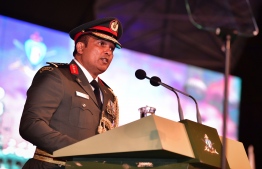 Chief of Defence Major General Abdulla Shamaal speaking at a special ceremony held by Maldives National Defence Force (MNDF). He denied any foreign military presence in Maldives. PHOTO: MIHAARU