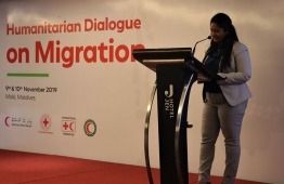 Secretary-General of Maldivian Red Crescent, Aishath Noora Mohamed delivers remarks at the Humanitarian Dialogue on Migration. PHOTO: MALDIVIAN RED CRESCENT