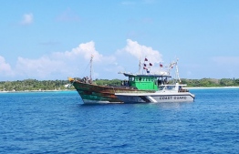 One of the Indian fishing vessels seized by Maldives National Defence Force (MNDF) alongside a Coast Guard vessel. PHOTO: MIHAARU