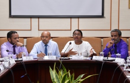 President of the Anti Corruption Commission (ACC) Mariyam Shiuna (R-2) speaking at a parliament committee meeting in attendance of three other members of the commission. PHOTO: NISHAN ALI/ MIHAARU