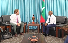 Chargé d’Affaires of the European Union to Maldives, Thorsten Bargfrede (L), meets Foreign Minister Abdulla Shahid. PHOTO/FOREIGN MINISTRY