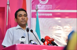 Former president Abdulla Yameen Abdul Gayoom during a signing ceremony for newly joined members. PHOTO: HUSSAIN WAHEED / MIHAARU