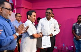 Former president Abdulla Yameen Abdul Gayoom during the signing ceremony on Wednesday. PHOTO: HUSSAIN WAHEED / MIHAARU