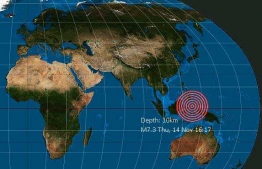 The epicentre of the earthquake that struck off the Indonesian coast of in the Molucca Sea.