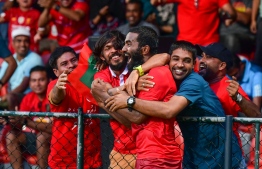 Ali Ashfaq (Dhagandey) celebrates during the qualifier match between Maldives and Guam. PHOTO: NISHAN ALI/MIHAARU