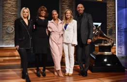 (L-R)Bebe Rexha, Gayle King, Alicia Keys, Recording Academy president and CEO Deborah Dugan and Chair of the Board of Trustees of the Recording Academy Harvey Mason Jr. pose during the 62nd Grammy Awards Nominations Conference at CBS Broadcast Center on November 20, 2019 in New York City. (Photo by Angela Weiss / AFP)