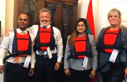 Managing Director of Mayfair Insurance Guy Moliterno donating lifejackets to the national Rowing Association of Maldives, facilitated by the Ambassador of Maldives to the UK Dr Farahnaz Faizal. PHOTO: EMBASSY