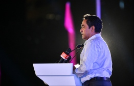 Former President Abdulla Yameen speaks at PPM/PNC rally. FILE PHOTO: HUSSAIN WAHEED / MIHAARU