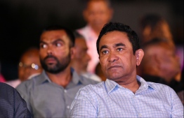 Former president Abdulla Yameen Abdul Gayoom during the rally held six days prior to his conviction. PHOTO: HUSSAIN WAHEED / MIHAARU
