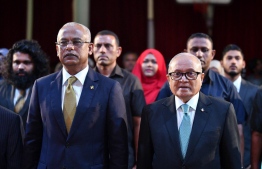 (FILE) President Ibrahim Mohamed Solih (R) with former President Maumoon Abdul Gayoom during the ceremony held to innaugurate Maldives Reform Movement (MRM) as a political party on November 29, 2019: MRM has decided to run for the presidential election with their own candidate -- Photo: Mihaaru