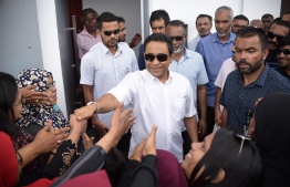 Former President Abdulla Yameen Abdul Gayoom arriving at the Criminal Court for his hearing. PHOTO: NISHAN ALI/ MIHAARU