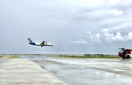 An airplane taking off from the Noonu atoll Maafaru International Airport. -- Photo: Mihaaru News