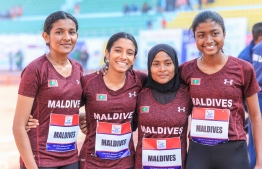 The female relay team which broke the national record at the ongoing South Asian Games 2019. PHOTO: ABDULLA ABEEDH/ MALDIVES OLYMPIC COMMITTEE