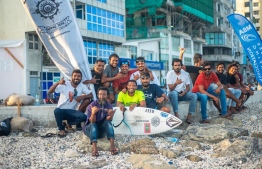 Hussain Areef (Iboo) (C- YELLOW) places first on the podium, defending his title and securing his 7th National Surfing Championship. PHOTO: MALDIVES SURFING ASSOCIATION