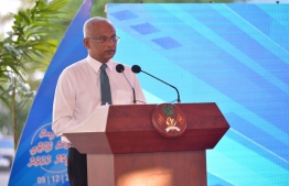 President Ibrahim Mohamed Solih speaks at the opening ceremony of the Ensis fish processing and ice plant in Hulhumale'. PHOTO: PRESIDENCY MALDIVES
