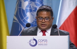 Minister of Environment Dr Hussain Rasheed Hassan delivering remarks at the United Nations Climate Change Conference (COP 25) hosted by the Chilean government with support from Spain. PHOTO: ENVIRONMENT MINISTRY