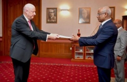 Ambassador of Denmark Mr Freddy Svane presents credentials to President Solih. PHOTO: PRESIDENT'S OFFICE