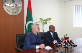 German Ambassador to Sri Lanka and Maldives, Joern Rohde (L) and Foreign Minister Abdulla Shahid announce the opening of a German Schengen Visa application centre in Maldives. PHOTO/FOREIGN MINISTRY