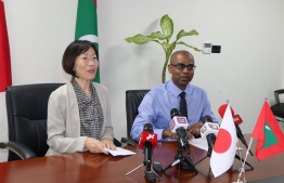 Ambassador of Japan to Maldives Keiko Yanai (L) and Ambassador of Maldives to Japan Ibrahim Uvais speaks to the press at the handover of the list of equipment to be provided to Maldives under the Exchange of Notes signed between Japan and Maldives in October 2019. PHOTO/FOREIGN MINISTRY