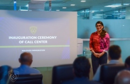 Minister of Defence Mariya Ahmed Didi at the inauguration ceremony of the call centre. PHOTO: MALDIVES IMMIGRATION