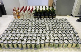 A large amount of Alcohol was confiscated from the residence of a 24-year old Bangladeshi expatriate in Maafushi, Kaafu Atoll. PHOTO: MALDIVES POLICE SERVICE