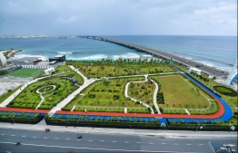 An aerial view of the newly built public park on the South-East end of Male', adjacent to the Sinamale' Bridge. PHOTO: HUSSAIN WAHEED / MIHAARU
