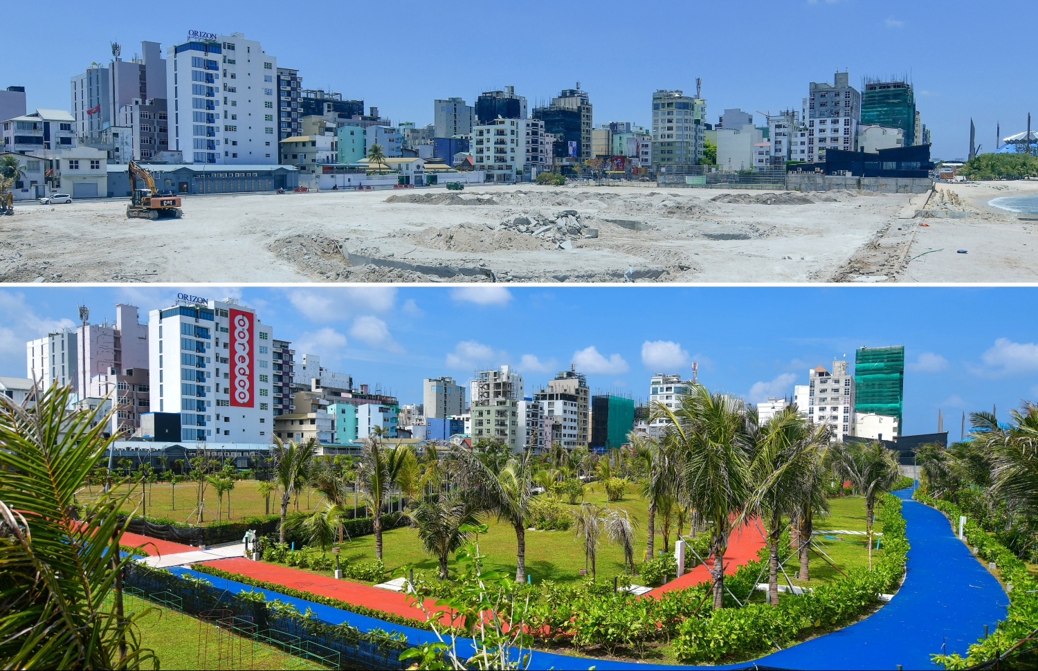 ލޮނުޒިޔާރަތްކޮޅު އަޑި ޕާކު ސަރަހައްދު ކުރިން އޮތް ގޮތާއި ޕާކު ތަރައްގީކުރަން ފެށި ފަހުން އޮތް ގޮތް. ---. ފޮޓޯ: މިހާރު