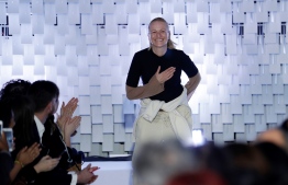 (FILES) In this file photo taken on February 27, 2019 German fashion designer for Courreges, Yolanda Zobel, acknowledges the audience at the end of the Courregs Women's Fall-Winter 2019/2020 Ready-to-Wear collection fashion show in Paris. - German fashion designer Yolanda Zobel parted company with Courreges on January 3, 2020, less than two years after she was brought in to revive the French fashion label. Her departure comes just a month before she was meant to show her latest autumn winter collection at Paris fashion week. Courreges said she was leaving after they "mutually decided to end their collaboration". (Photo by Thomas SAMSON / AFP)