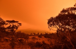 A red sky due to smoke from bushfires hang over the town of Jindabyne in New South Wales on January 4, 2020. - Up to 3,000 military reservists were called up to tackle Australia's relentless bushfire crisis on January 4, as tens of thousands of residents fled their homes amid catastrophic conditions. (Photo by SAEED KHAN / AFP)