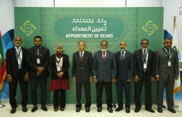 The newly appointed deans pose for a picture with Chancellor Dr Zahir and Vice Chancellor Dr Zakariyya PHOTO: ISLAMIC UNIVERSITY OF MALDIVES