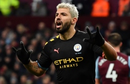 Manchester City's Argentinian striker Sergio Aguero celebrates scoring the fifth goal during the English Premier League football match between Aston Villa and Manchester City at Villa Park in Birmingham, central England on January 12, 2020. (Photo by Paul ELLIS / AFP) / RESTRICTED TO EDITORIAL USE. No use with unauthorized audio, video, data, fixture lists, club/league logos or 'live' services. Online in-match use limited to 120 images. An additional 40 images may be used in extra time. No video emulation. Social media in-match use limited to 120 images. An additional 40 images may be used in extra time. No use in betting publications, games or single club/league/player publications. / 