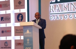 Minister of Foreign Affairs Abdulla Shahid during his keynote address at the Raisina Dialogue 2020. PHOTO: MINISTRY OF FOREIGN AFFAIRS