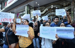 Outraged citizens gathered in front of the gender ministry on January 16, 2020, to protest against rape and sexual violence, after the case of a two-year-old girl sexually abused by her grandfather and great-grandfather came to light. PHOTO: NISHAN ALI / MIHAARU