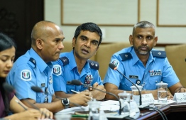 Chief Superintendent of Police Mohamed Daud (C) speaking at Parliament's Human Rights and Gender Committee. PHOTO: HUSSAIN WAHEED / MIHAARU