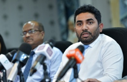 Minister of Health Abdulla Ameen speaking at a press conference. PHOTO: MIHAARU