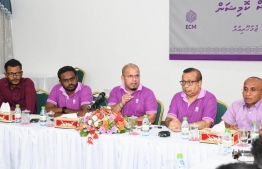 Elections Commission members during a press conference. PHOTO: EC