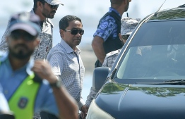 Former president Abdulla Yameen escorted to the High Court for his appeal hearing. PHOTO: NISHAN ALI / MIHAARU