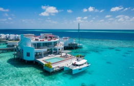 The newly unveiled Lagoon 40 catamaran docked at the largest private overwater villa at LUX* North Male' Atoll. PHOTO: LNMA