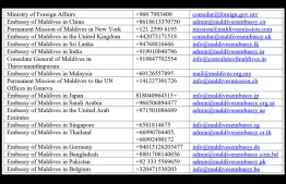 Emergency contact information of Maldivian embassies. IMAGE/FOREIGN MINISTRY