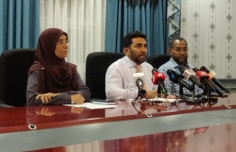 Minister of Health Abdulla Ameen (C) speaks to the press about the first suspected case of the Novel Coronavirus in Maldives, on January 30, 2020. PHOTO/MIHAARU