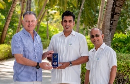 Holiday Island Resort Kandooma Maldives' General Manager Joseph Della Gatta (L), Human Resource Manager Ahmed Shazeen (C) and Executive Assistant Manager Hussain Shahid. PHOTO: HOLIDAY INN KANDOOMA