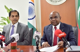 Minister of Foreign Affairs (R) with the Indian High Commissioner to Maldives (R). PHOTO: MIHAARU