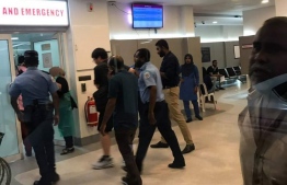 A tourist and two expatriate workers who were attacked on February 4 are rushed to the Hulhumale' Hospital. Police have now made two arrests regarding the stabbings. PHOTO: SOCIAL MEDIA