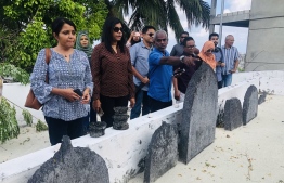 Minister of Arts, Culture and Heritage Yumna Maumoon (L) and Meedhoo MP Rozaina Adam (2L) during one of the visits to a cultural site in the southernmost atoll. PHOTO: MIHAARU FILES