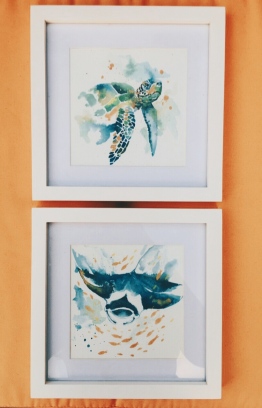 Minimal watercolour paintings of ocean fauna from the artist's 'simplicity collection' also exhibited at Angsana Velavaru. PHOTO: SAM