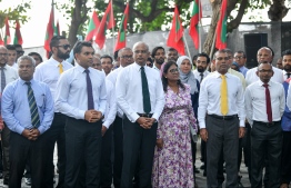 President Ibrahim Mohamed Solih, Vice President Faisal Naseem, Male' City Mayor Shifa Mohamed, Speaker of Parliament Mohamed Nasheed and other senior officials of the Solih administration (L-R). PHOTO: NISHAN ALI / MIHAARU